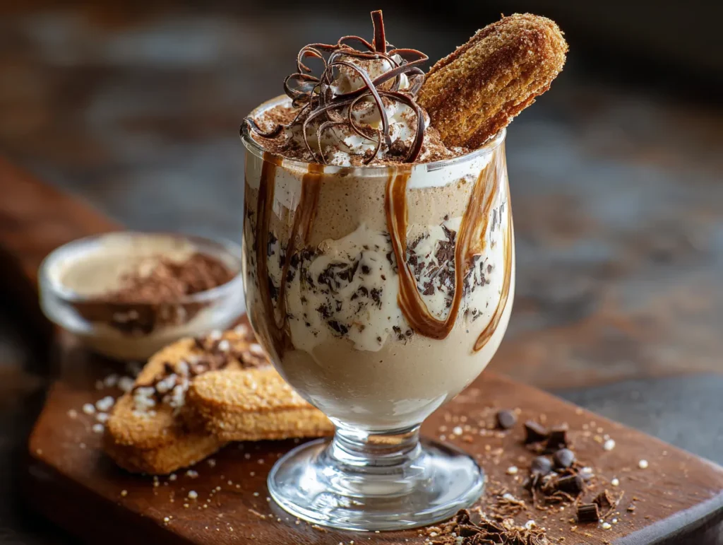 Creamy tiramisu milkshake in tall glass with whipped cream and cocoa