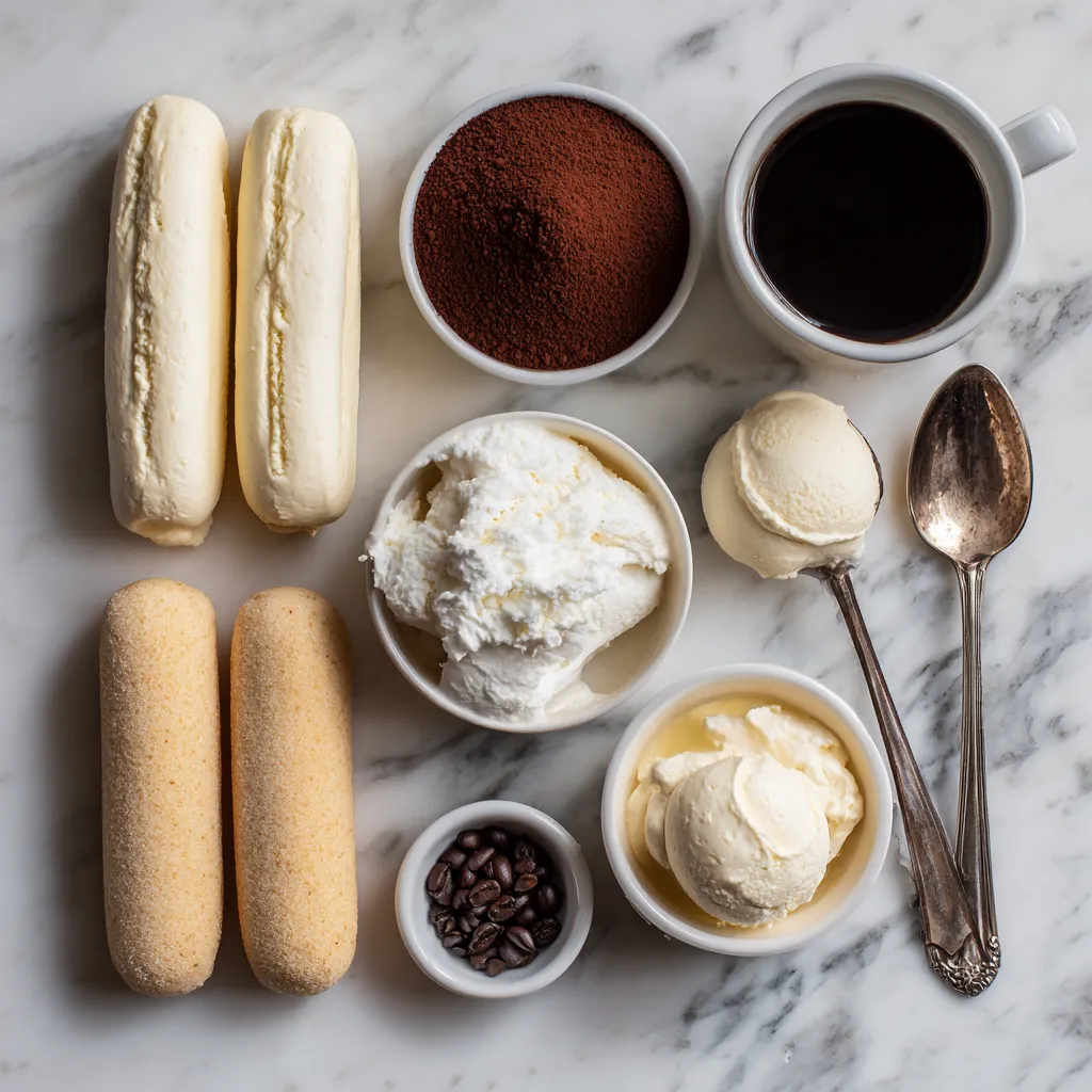 Flatlay of tiramisu milkshake ingredients.