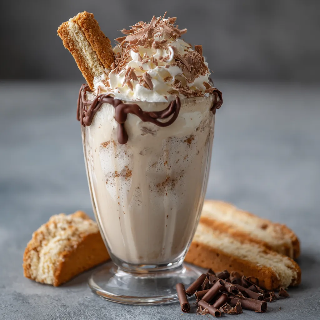 Tiramisu milkshake served with a mini ladyfinger, chocolate curls, and biscotti on the side.