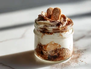Tiramisu Overnight Oats in a glass jar with cocoa dusting and espresso swirl.