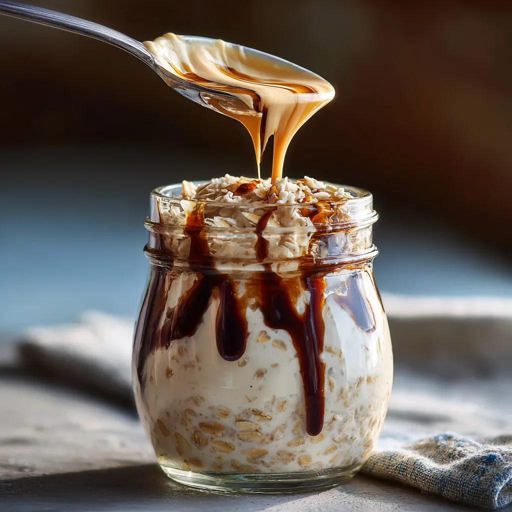 Four meal-prep jars of Tiramisu Overnight Oats on a marble counter.