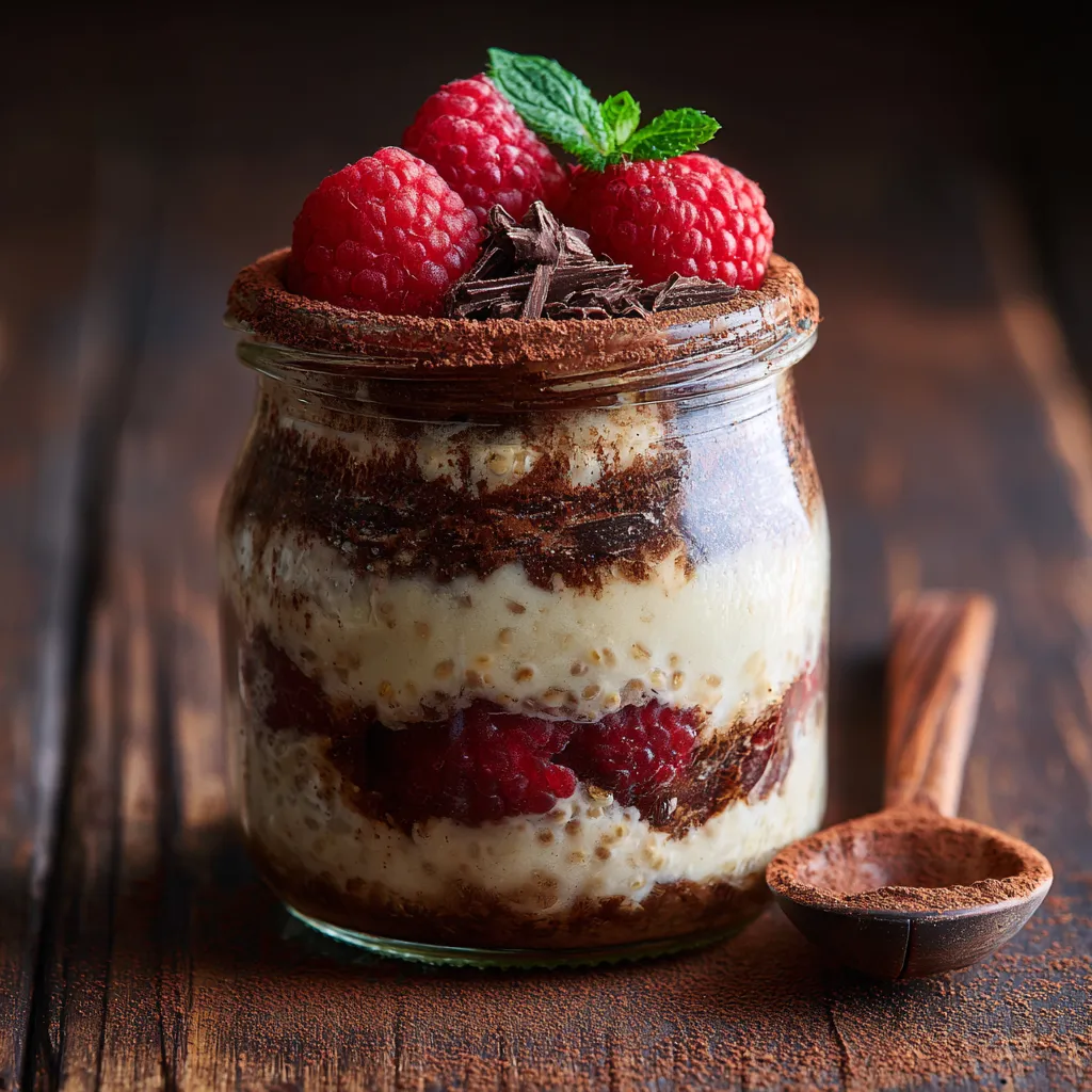 Layering mascarpone cream over oats with espresso drizzle in Tiramisu Overnight Oats.