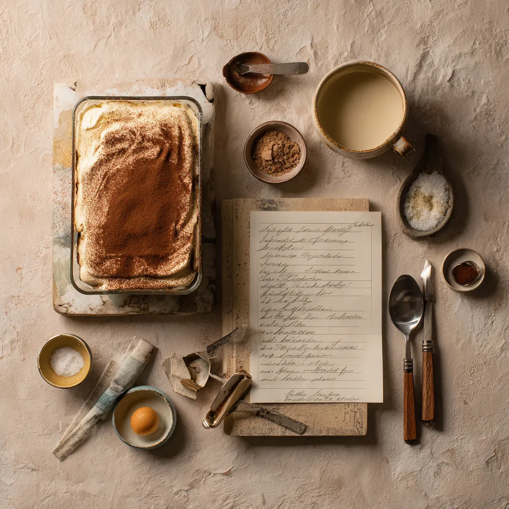 Tiramisu recipe card next to prepared dessert