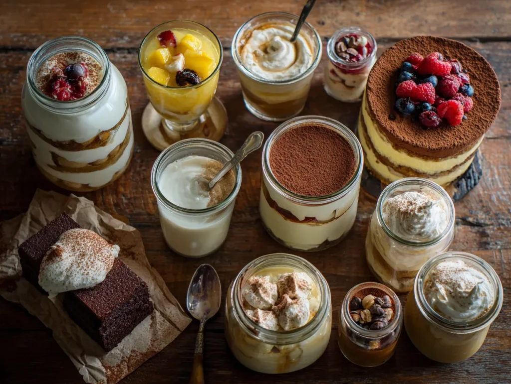 Variety of tiramisu recipes on a rustic table