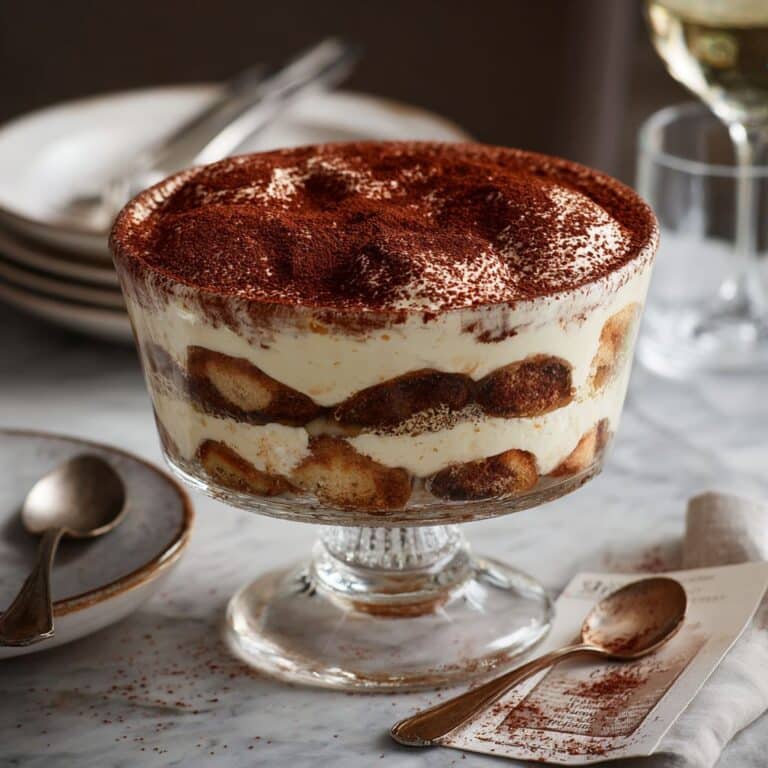 layered tiramisu with recipe card