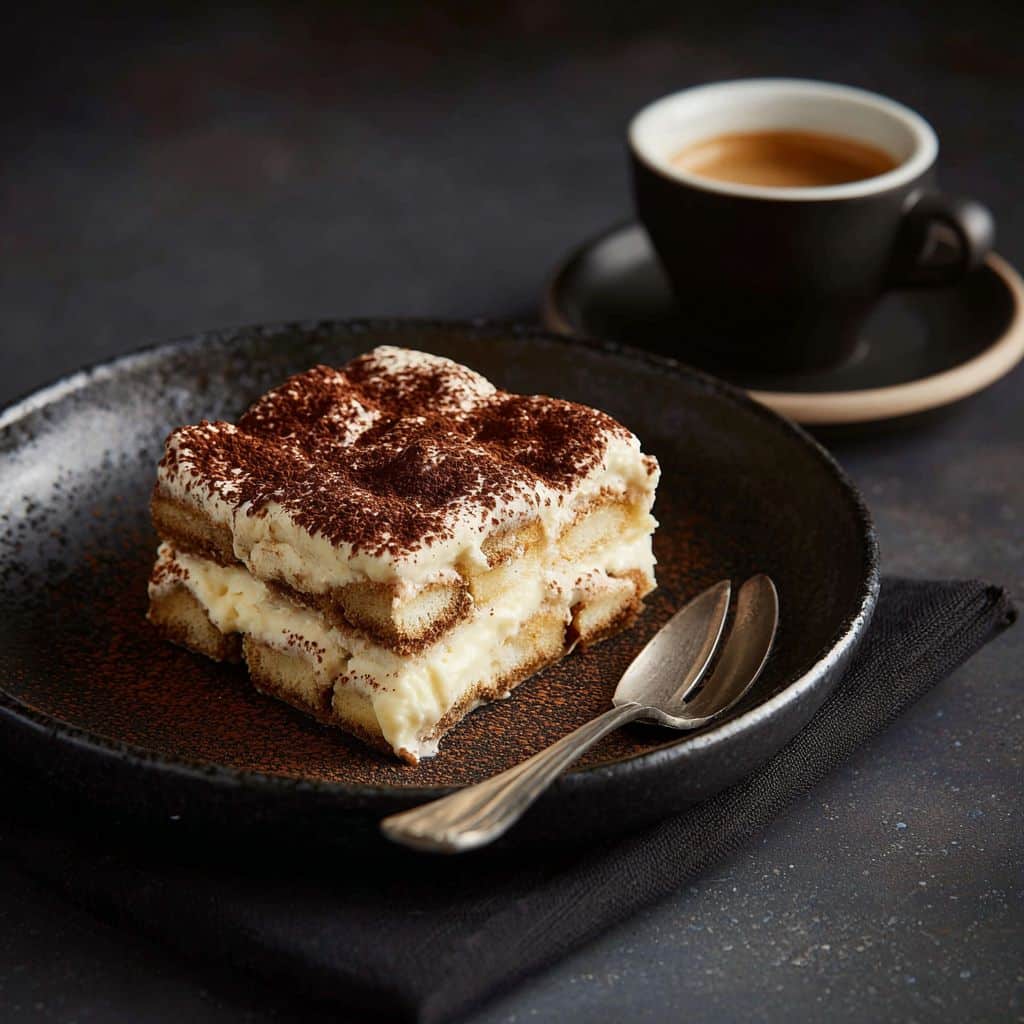 A slice of easy tiramisu with cocoa powder served with espresso.