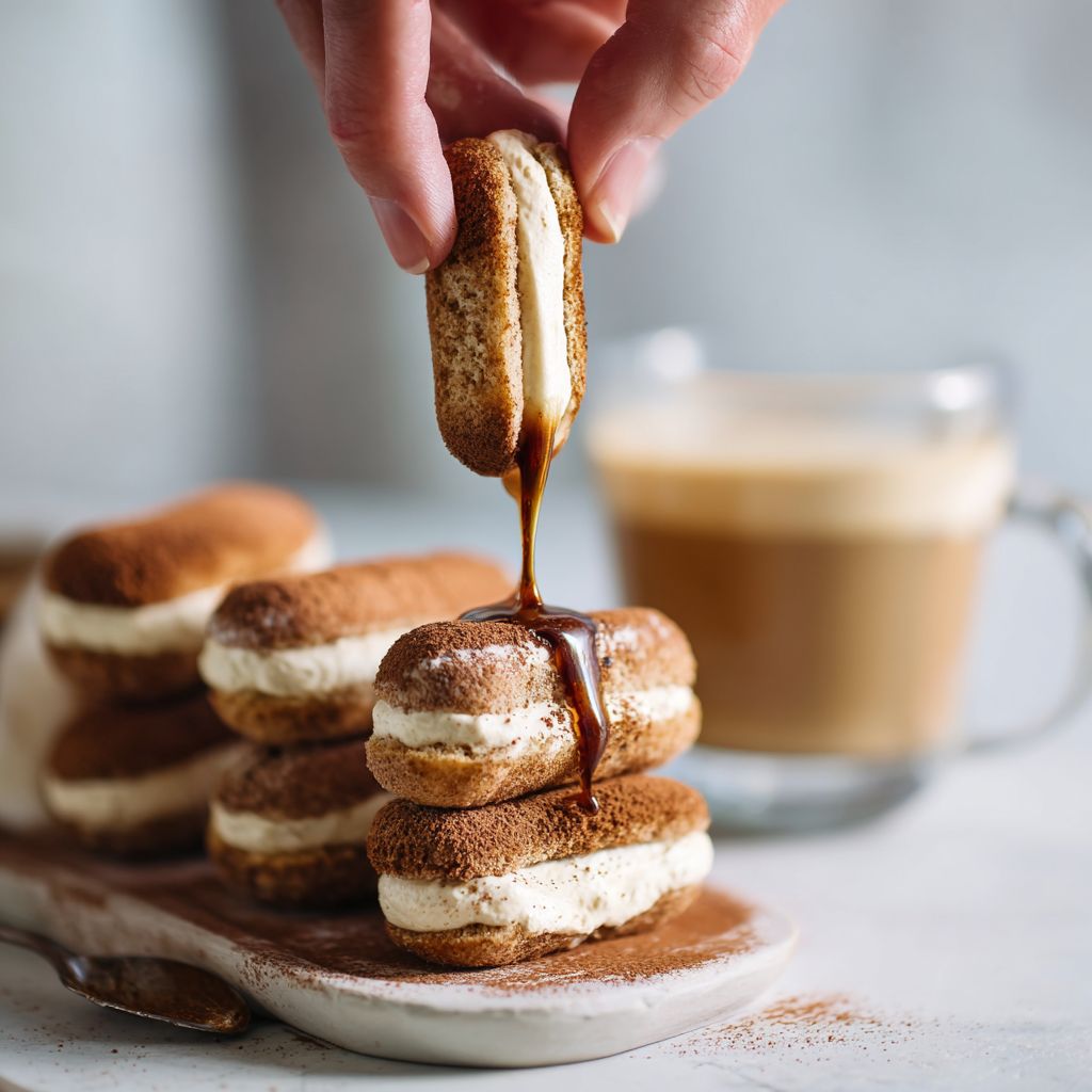 Step showing assembly of Vegan Tiramisu with soaked ladyfingers