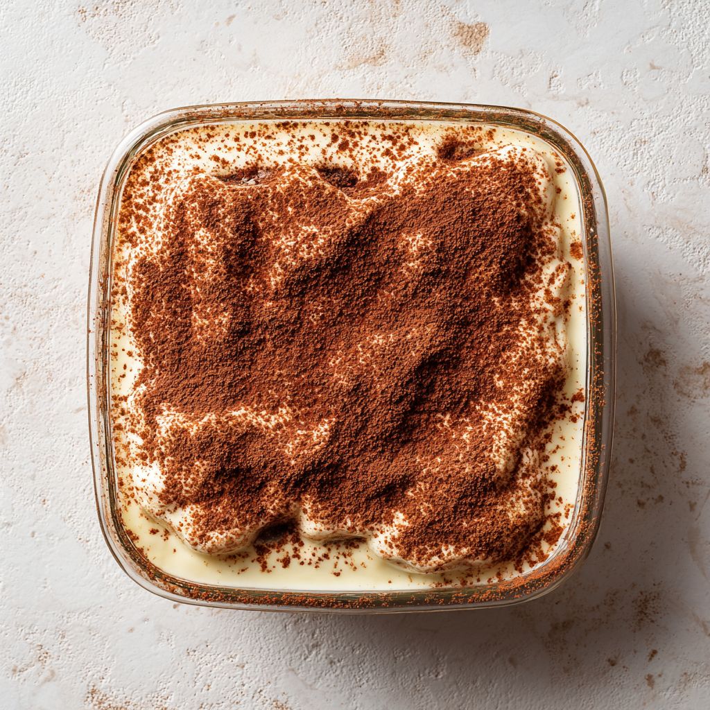 Overhead view of Vegan Tiramisu dusted with cocoa powder