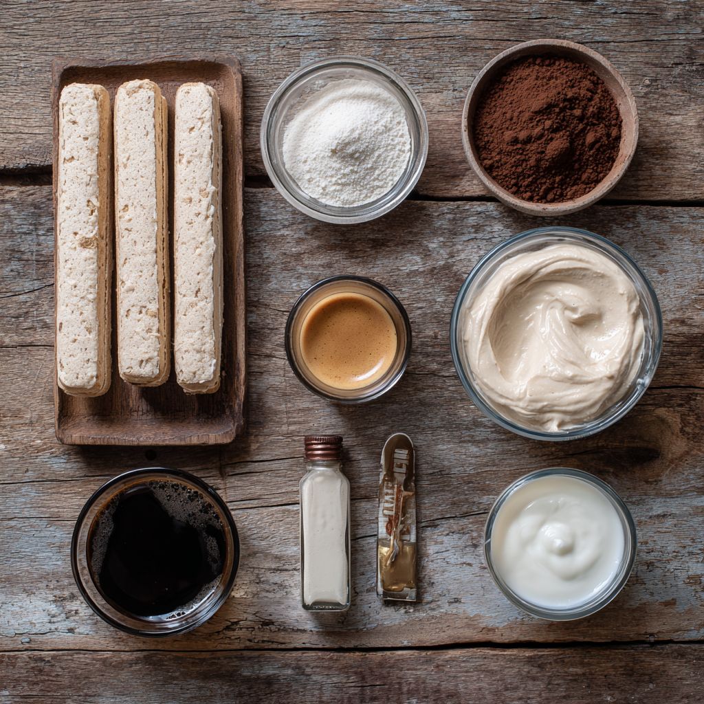 Flatlay of Vegan Tiramisu ingredients on a wooden table
