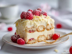 Slice of White Chocolate Tiramisu with berries and shaved chocolate.