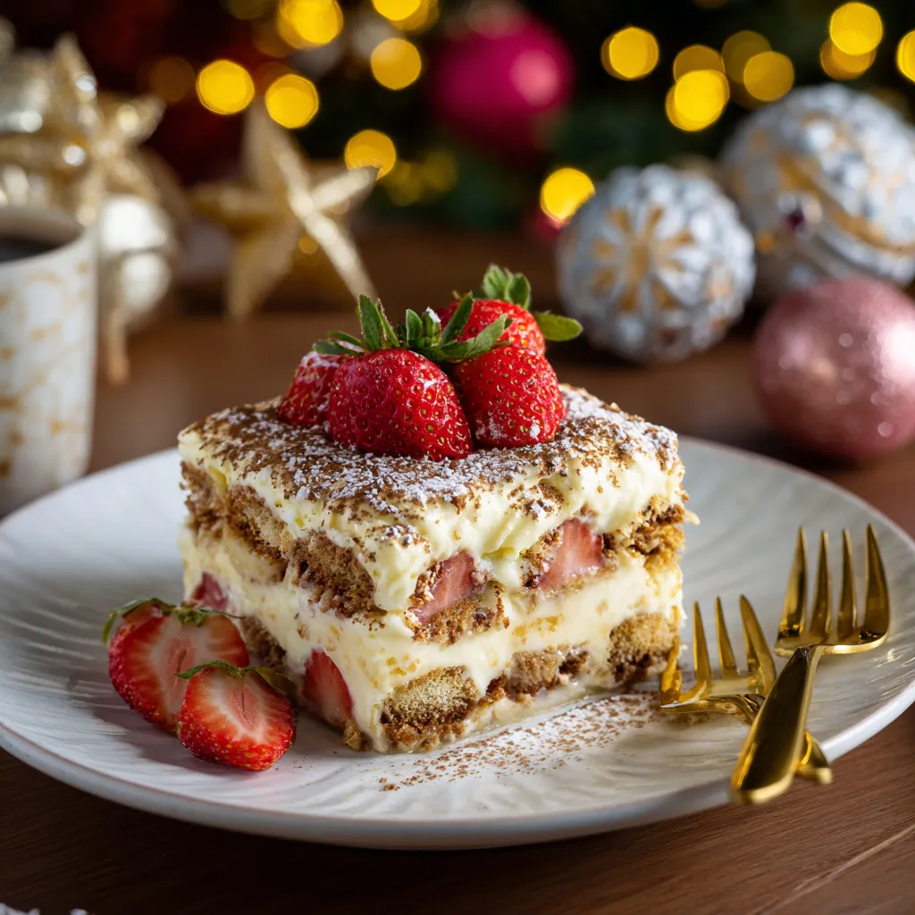 White Chocolate Tiramisu served with holiday decorations.