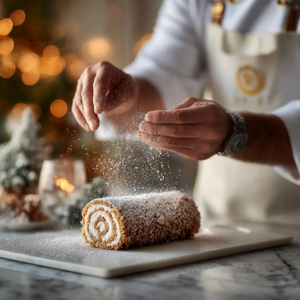 Chef James dusting powdered sugar over a Coconut Swiss Roll in a holiday kitchen.