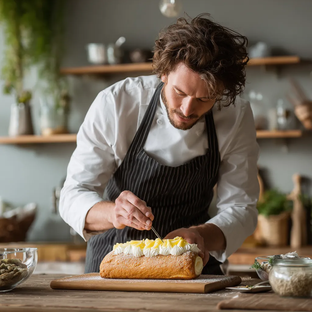 Chef James preparing Lemon Cream Roll in home kitchen.