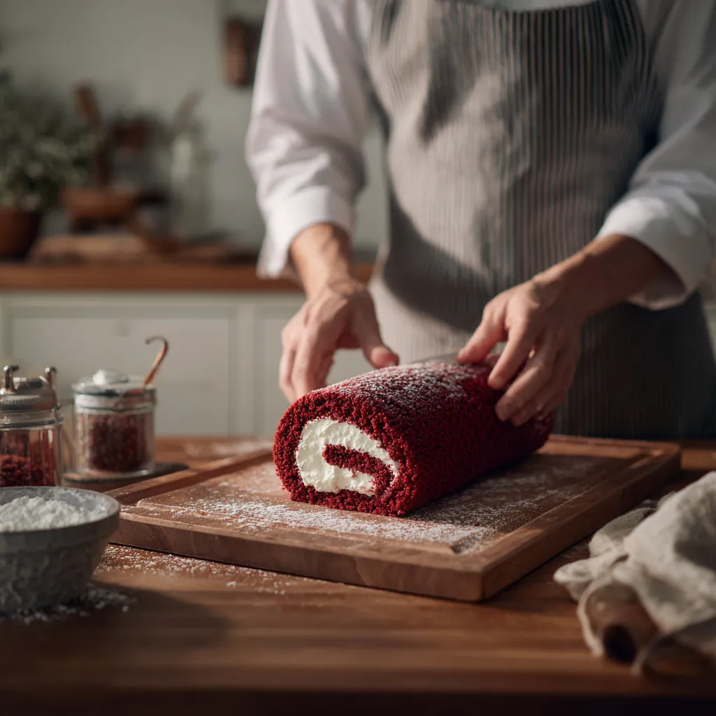 Chef James preparing a red velvet cake roll in his kitchen