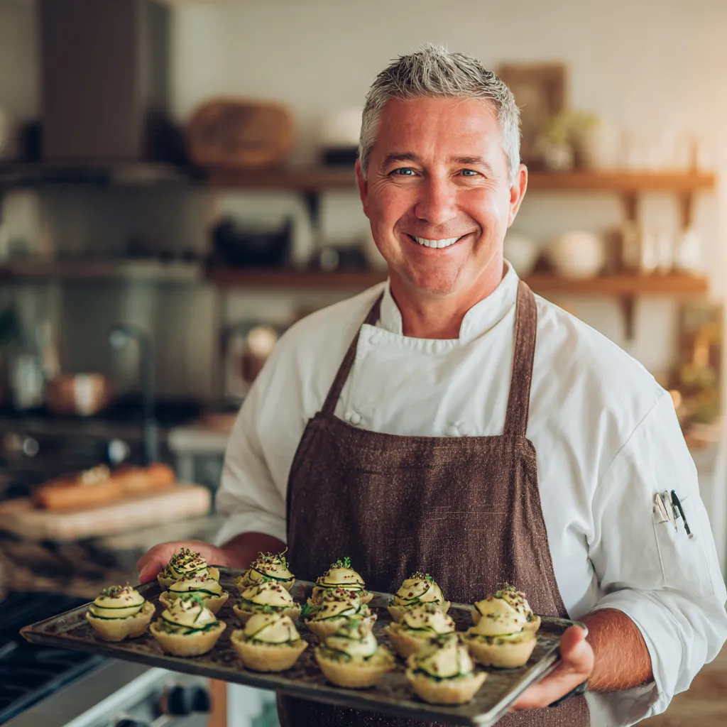 Chef James presenting zucchini desserts.