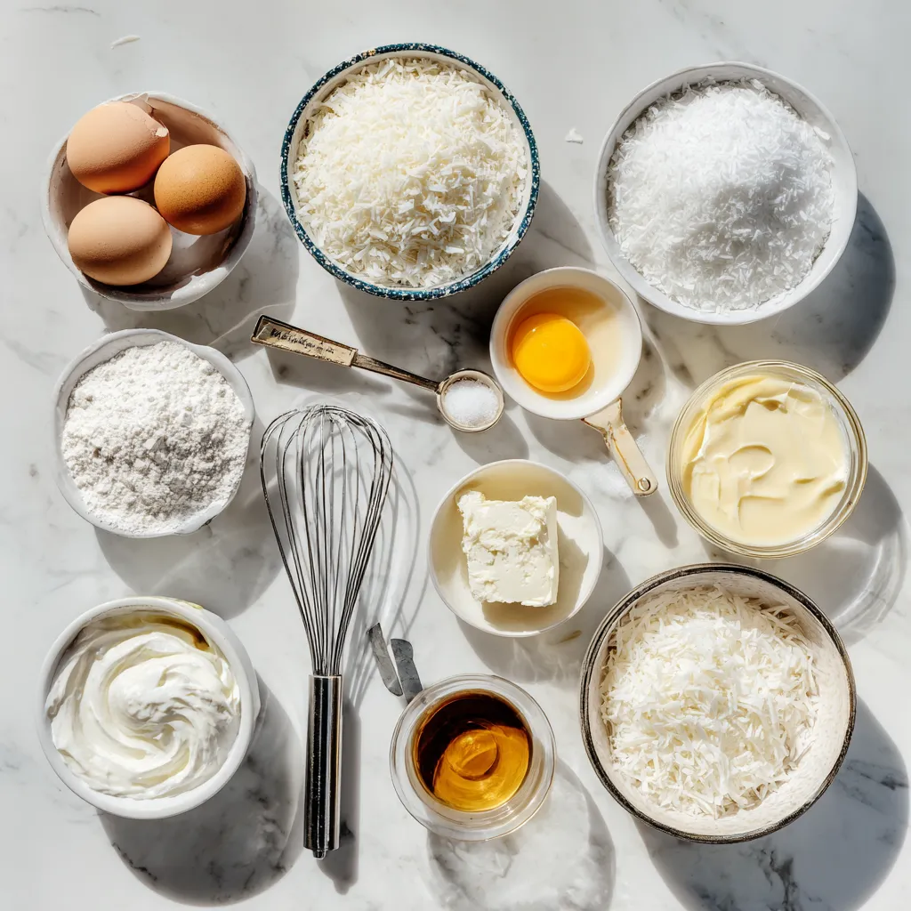 Flatlay of ingredients for making Coconut Swiss Roll with eggs, coconut, and cream.