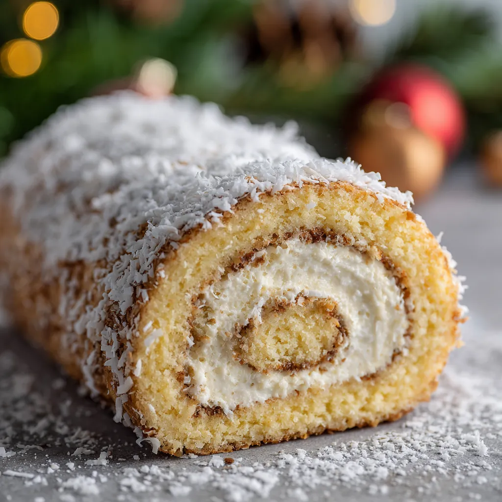Close-up of Coconut Swiss Roll slice showing creamy filling and airy sponge.