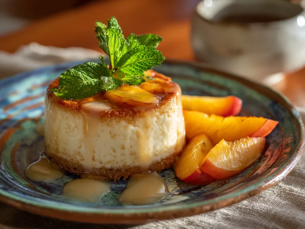 Dairy-free dessert topped with fresh peaches and mint.