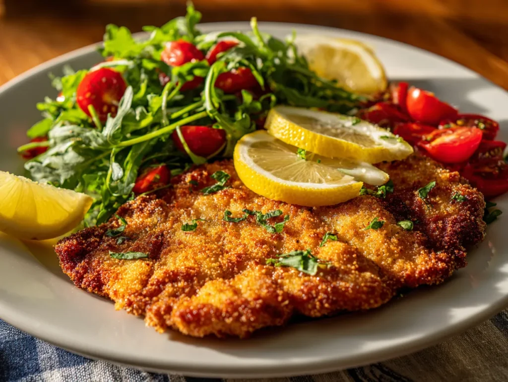 Crispy escalope milanese with arugula and lemon