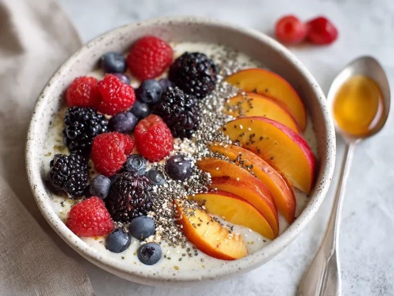 Healthy yogurt dessert bowl with berries and peaches.