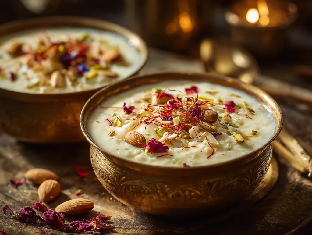 Traditional Indian dessert kheer with saffron and nuts.