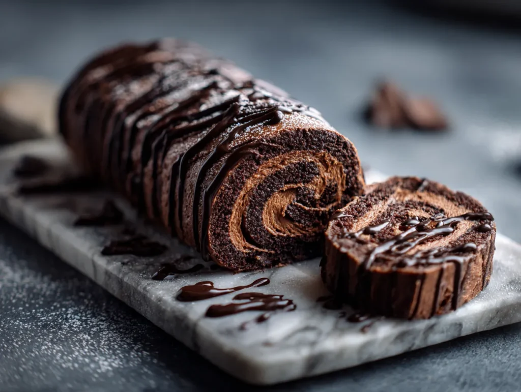 Keto Chocolate Roll with ganache and cream filling