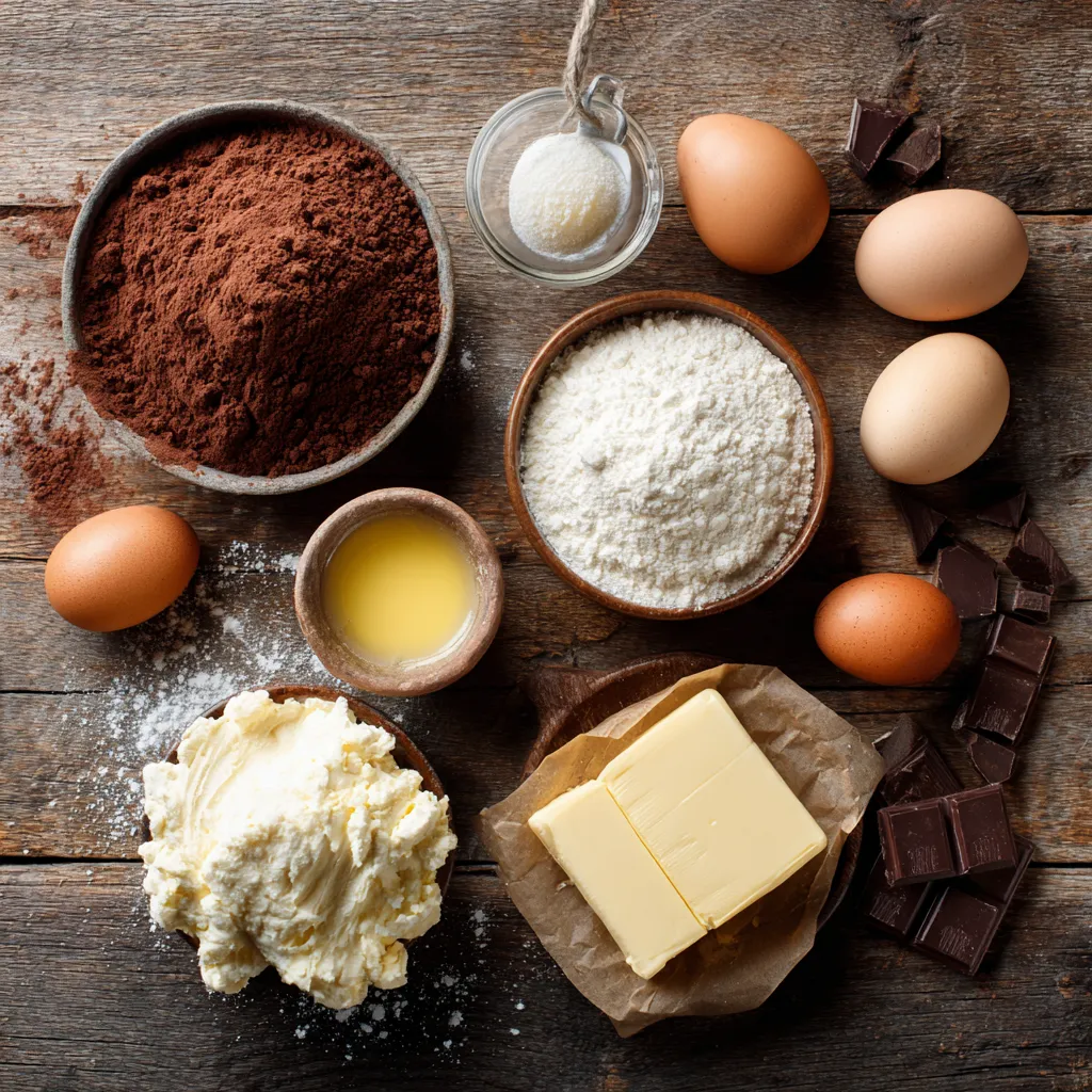 Ingredients for Keto Chocolate Roll on wooden table