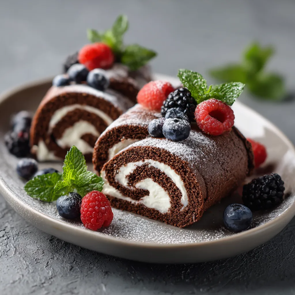 Keto Chocolate Roll slices served with berries