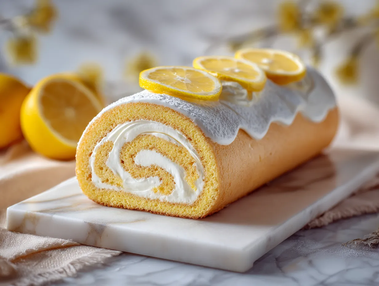 Lemon Cream Roll sliced on marble board with lemon zest garnish.