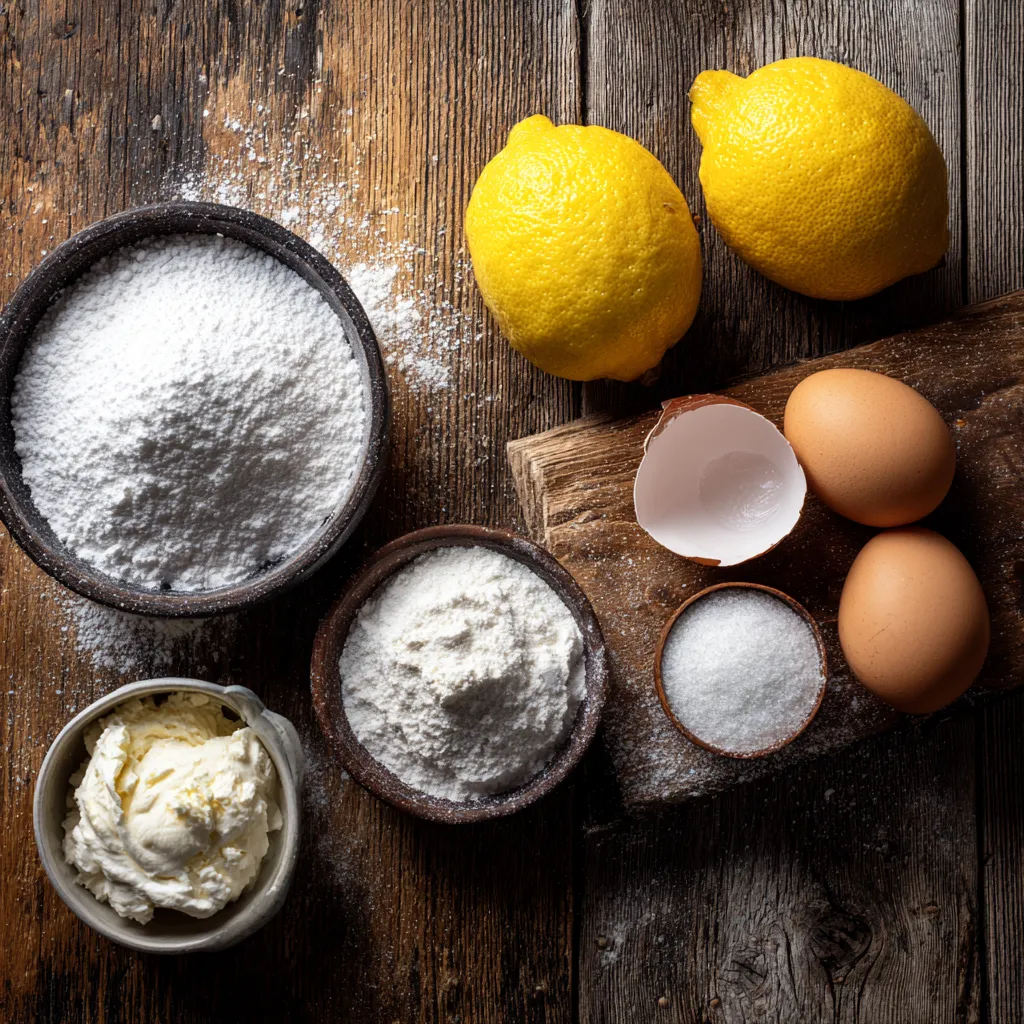 Ingredients for Lemon Cream Roll laid out on wooden table.