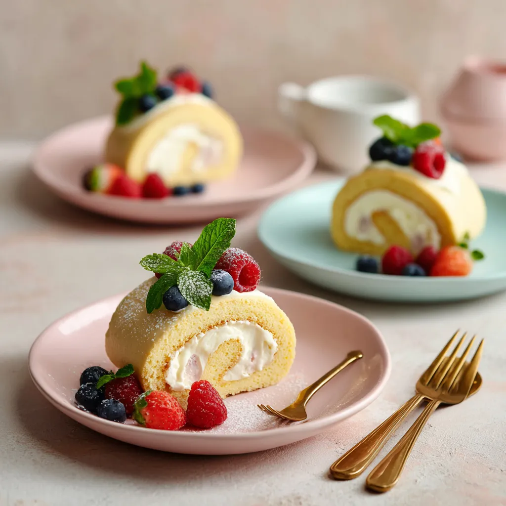 Sliced Lemon Cream Roll served with berries.