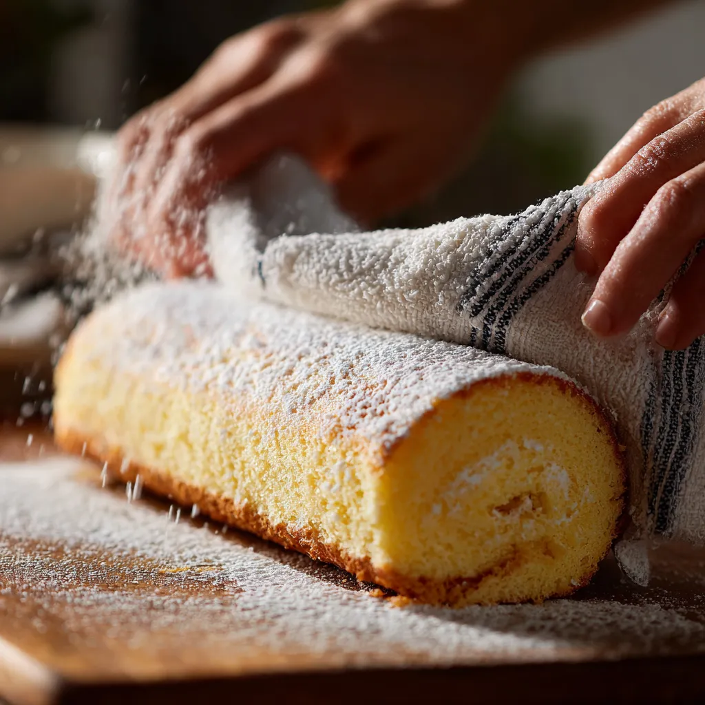 Rolling sponge cake with powdered sugar towel.