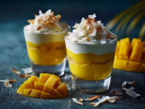 Mango dessert cups layered with mango puree and cream.