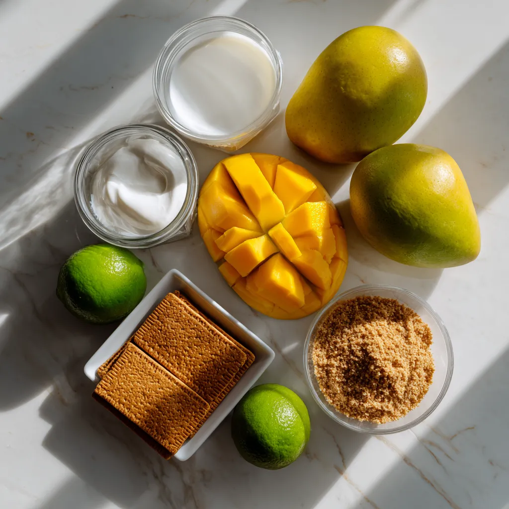 Mango Dessert Recipe (Easy, No-Bake & Creamy Summer Treats by Chef James) 8 Flatlay of ingredients for mango dessert recipe.