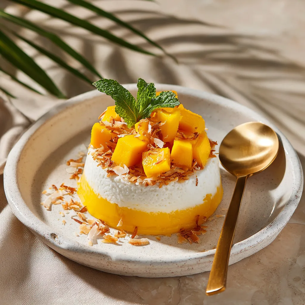 Mango Dessert Recipe (Easy, No-Bake & Creamy Summer Treats by Chef James) 7 Mango mousse topped with mango cubes and coconut.