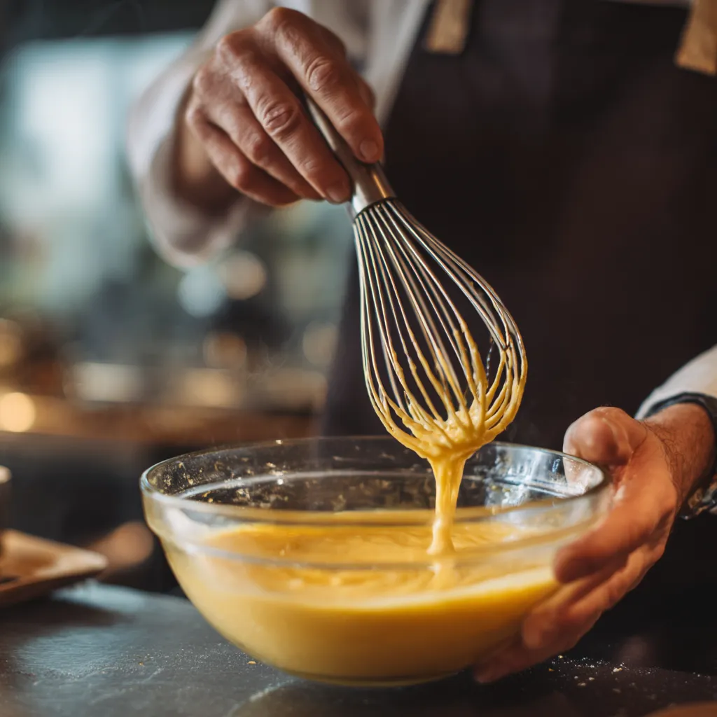Mango Dessert Recipe (Easy, No-Bake & Creamy Summer Treats by Chef James) 9 Chef whisking cream for mango mousse.
