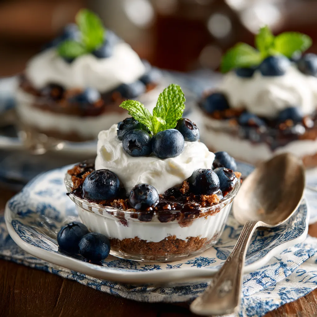 No bake dessert topped with mint and berries.