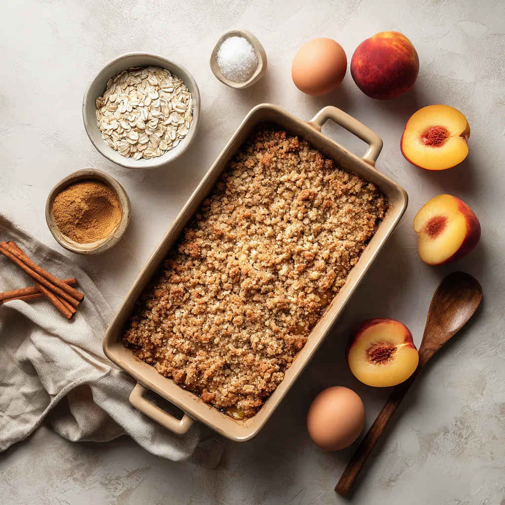Peach Desserts Made Easy: Crisp, Cobbler & Summer Favorites 5 Ingredients for peach crisp and cobbler including oats and fresh peaches