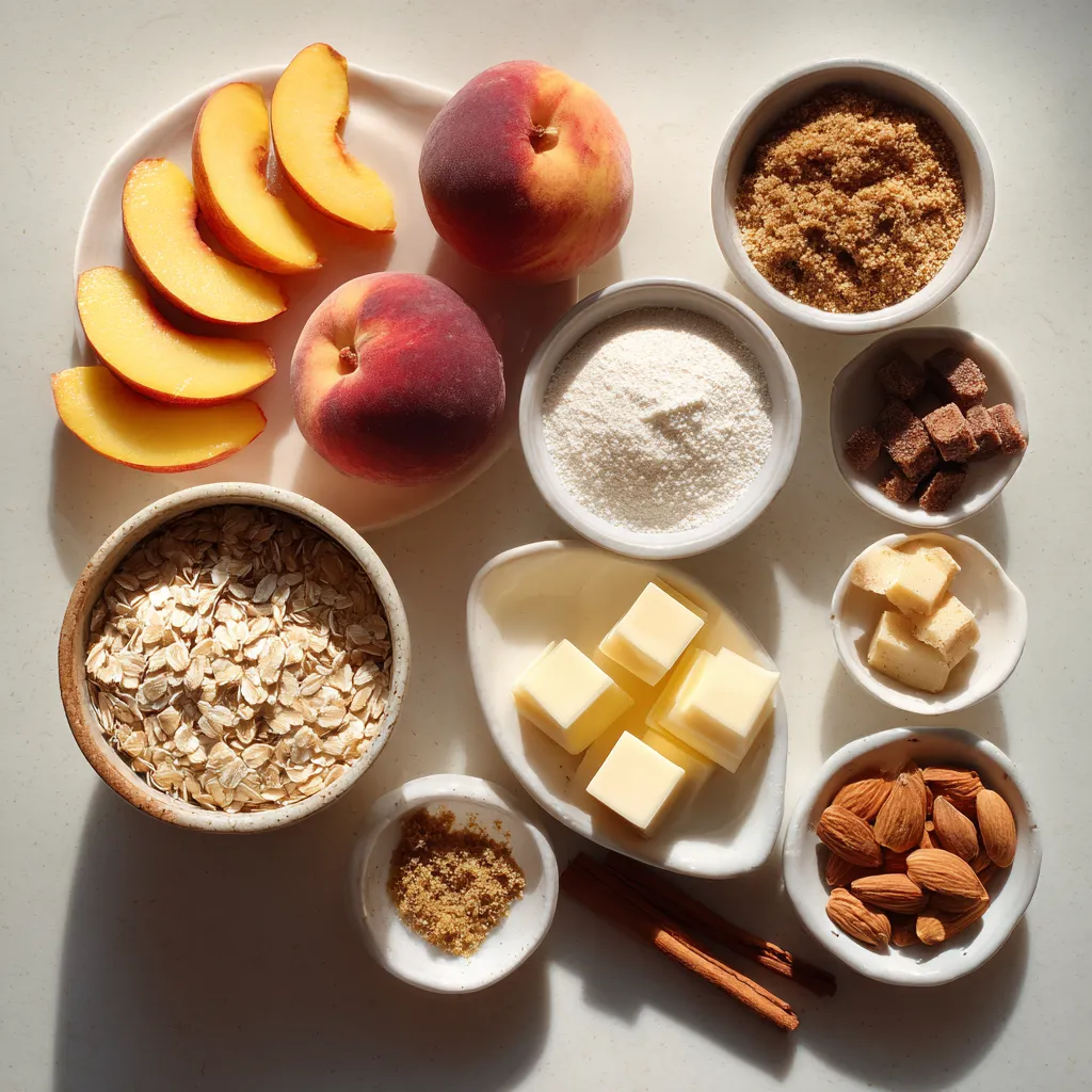 Peach Desserts Made Easy: Crisp, Cobbler & Summer Favorites 8 Finished peach dessert next to peach desserts ingredients