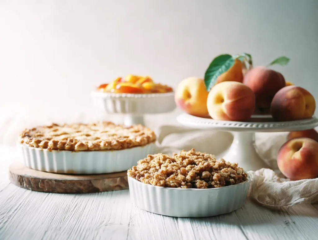 Summer peach dessert spread with cobbler, crisp, and crumb bars
