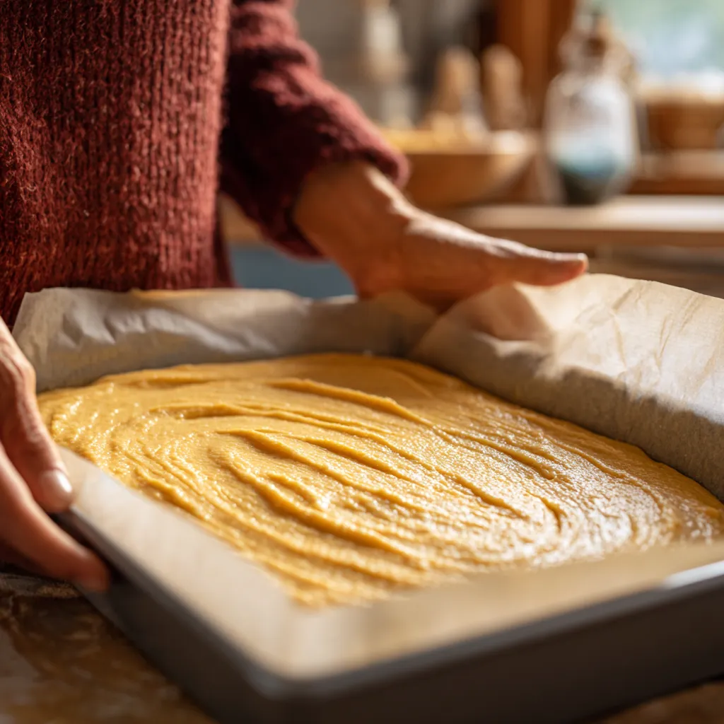 Pumpkin Spice Roll – Cozy Fall Dessert Filled With Creamy Spice & Holiday Magic 8 Pumpkin Spice Roll batter being spread evenly before baking.