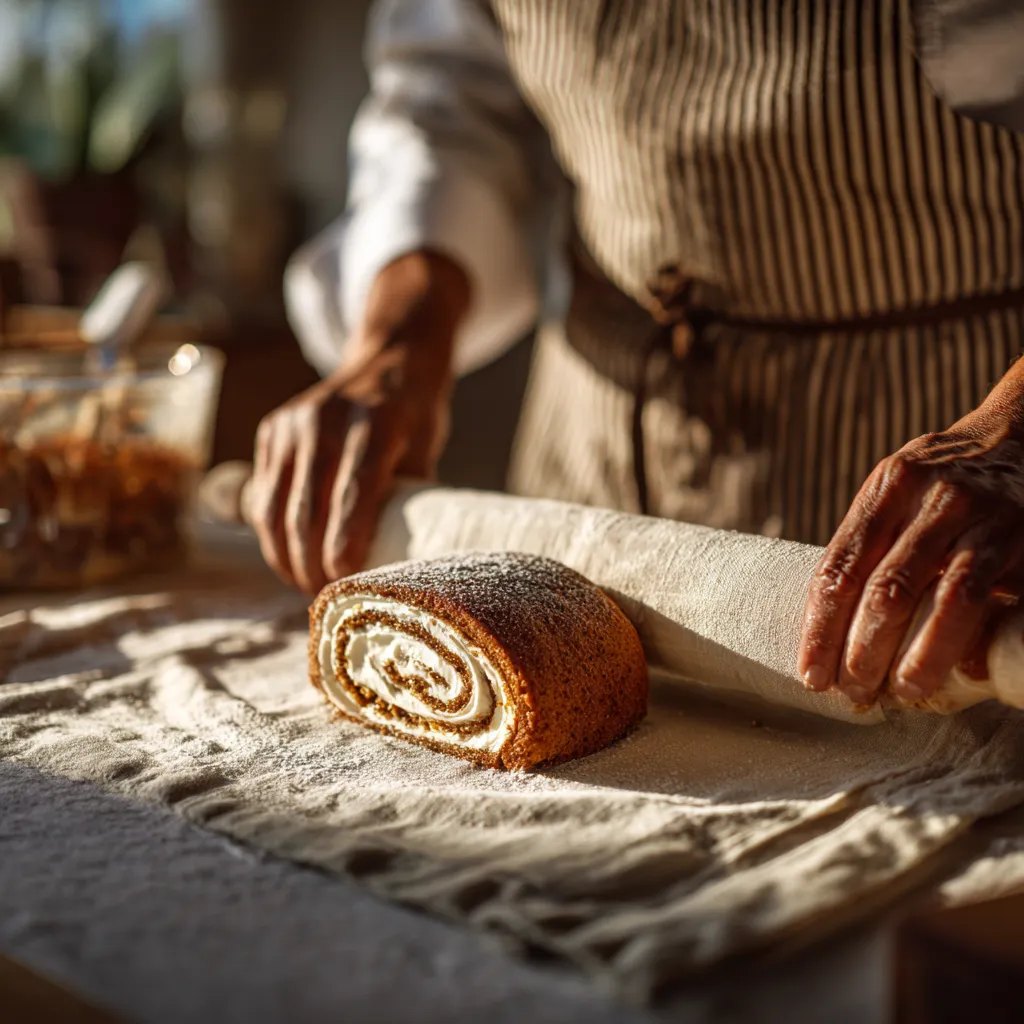 Pumpkin Spice Roll – Cozy Fall Dessert Filled With Creamy Spice & Holiday Magic 12 Chef rolling a freshly baked Pumpkin Spice Roll in a towel, cozy autumn kitchen scene.