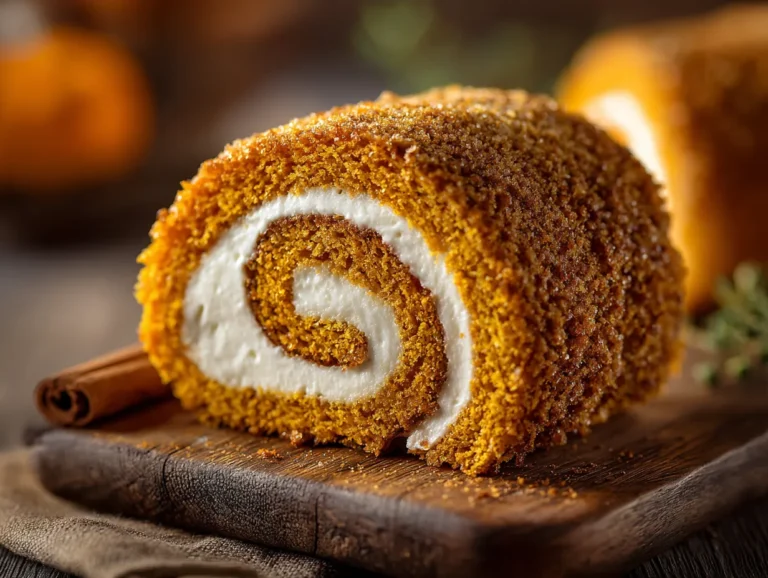 Homemade Pumpkin Spice Roll sliced and dusted with powdered sugar on a rustic fall table.