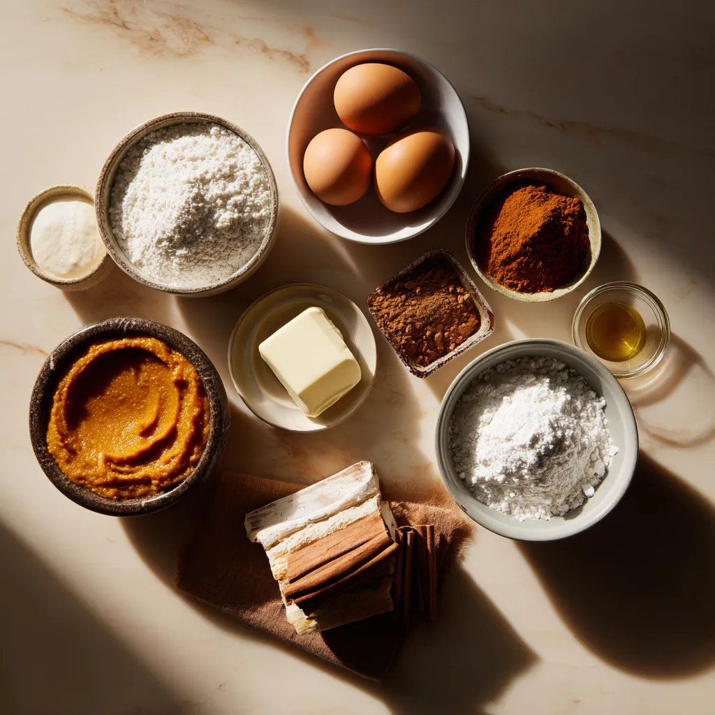 Pumpkin Spice Roll – Cozy Fall Dessert Filled With Creamy Spice & Holiday Magic 7 Flatlay of ingredients for making a Pumpkin Spice Roll with pumpkin puree and fall spices.
