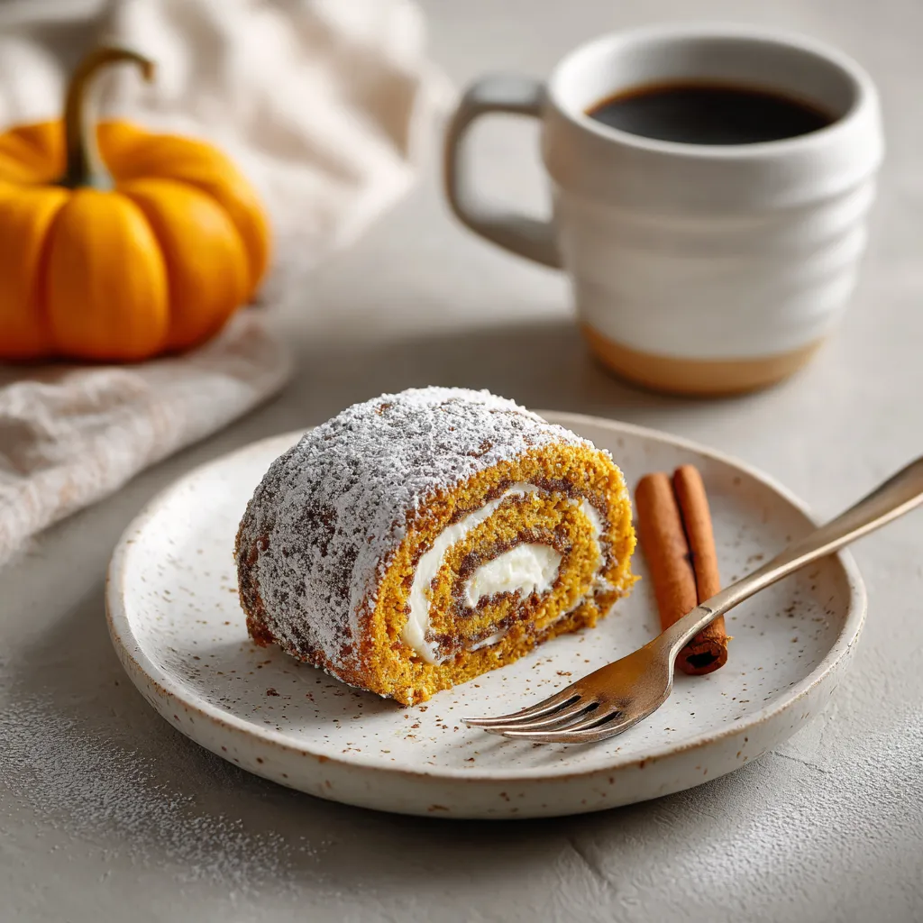 Pumpkin Spice Roll – Cozy Fall Dessert Filled With Creamy Spice & Holiday Magic 9 Pumpkin Spice Roll slice served on a plate with cinnamon and fall decor.