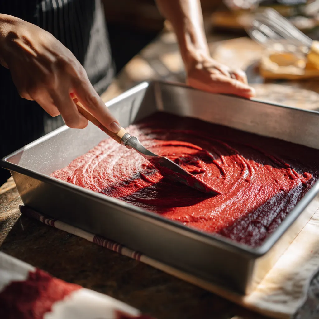 Spreading red velvet cake batter into a jelly roll pan