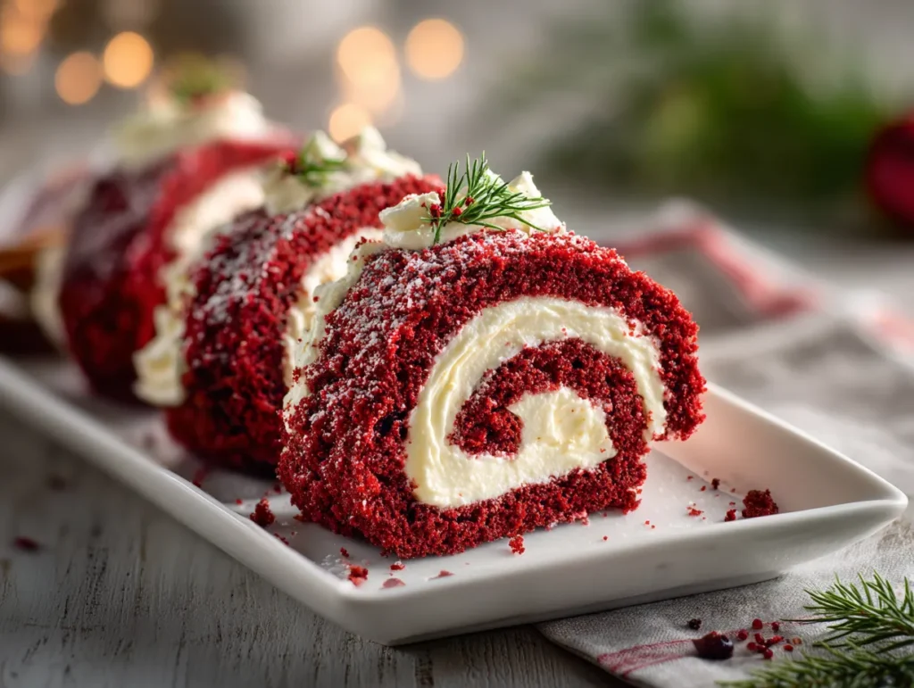 Red velvet cake roll with cream cheese filling on white platter