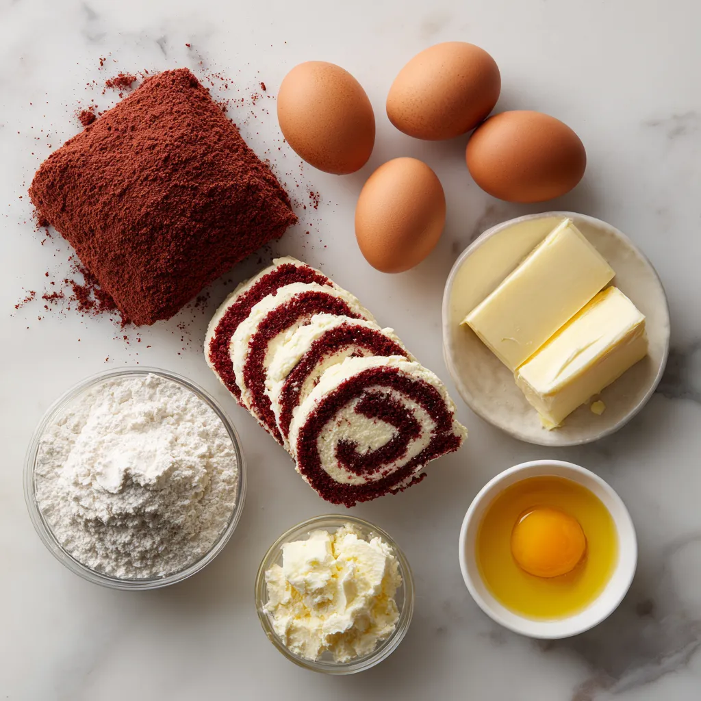 Ingredients for making red velvet cake roll
