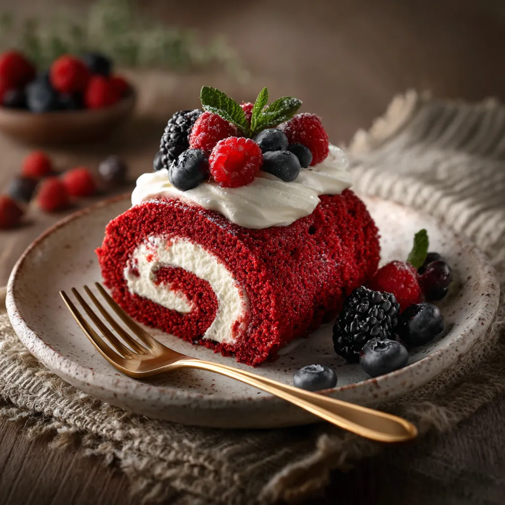Red velvet cake roll served with whipped cream and berries