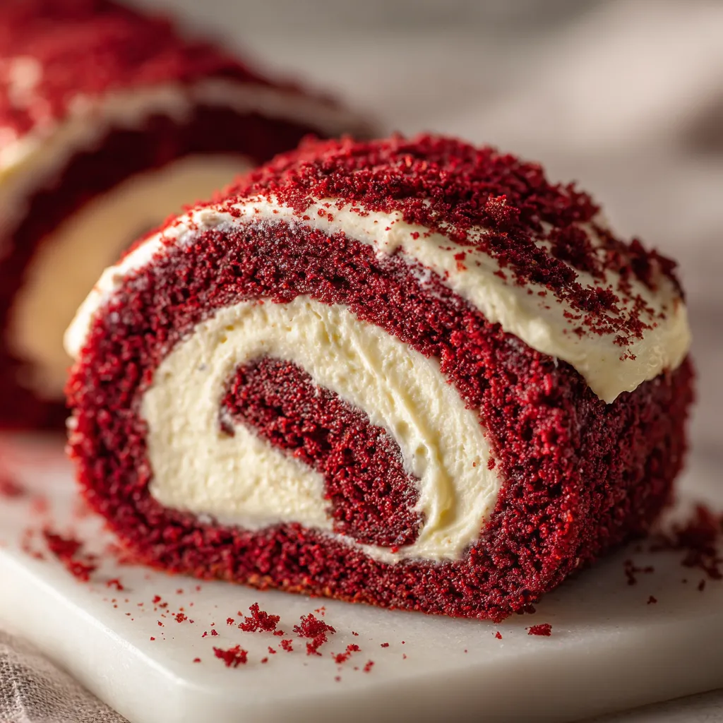 Close-up of red velvet cake roll swirl texture